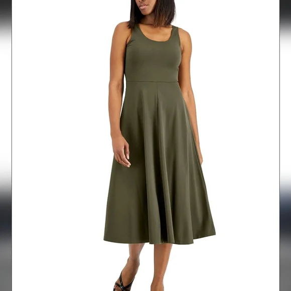 olive green a line dress Olive Green Satin Ruffled Neckline Sleeveless A-Line Gown 2 main image 1